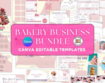 May include: A pink and white bakery business bundle with Canva editable templates. The bundle includes receipts, order forms, thank you cards, and social media templates. The text on the image says "BAKERY BUSINESS BUNDLE" and "CANVA EDITABLE TEMPLATES".