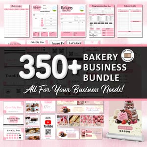 Op de afbeelding: Een roze en witte bakkerij business bundle met meer dan 350 items, waaronder bestelformulieren, checklists, social media templates en een roll-up banner. De tekst luidt "Bakery Business Bundle" en "All For Your Business Needs!"