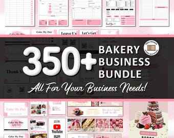 May include: A pink and white bakery business bundle with over 350 items, including order forms, checklists, social media templates, and a roll-up banner. The text reads "Bakery Business Bundle" and "All For Your Business Needs!"