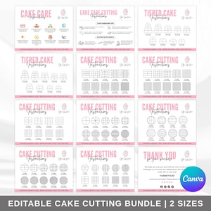 May include: A collection of pink and white instructional cards for cake care and cutting techniques. The cards include diagrams for tiered cakes and various cutting methods, with the text "Cake Care Instructions" and "Cake Cutting Instructions". The bundle is labeled "Editable Cake Cutting Bundle | 2 Sizes".