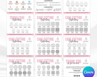 May include: A collection of pink and white instructional cards for cake care and cutting techniques. The cards include diagrams for tiered cakes and various cutting methods, with the text "Cake Care Instructions" and "Cake Cutting Instructions". The bundle is labeled "Editable Cake Cutting Bundle | 2 Sizes".