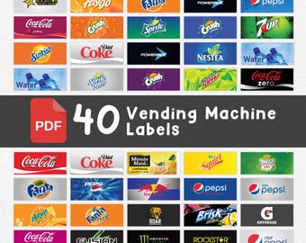 Etiquetas para máquinas expendedoras: Refrescos y agua con gas (Descarga digital, 3,25 x 1,375 pulgadas)