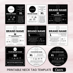 Paquete de etiquetas de cuello editables para ropa, etiquetas de cuello personalizadas para camisetas, etiquetas de cuidado de prendas, etiquetas de ropa, etiquetas de instrucciones de lavado, plantilla de Canva