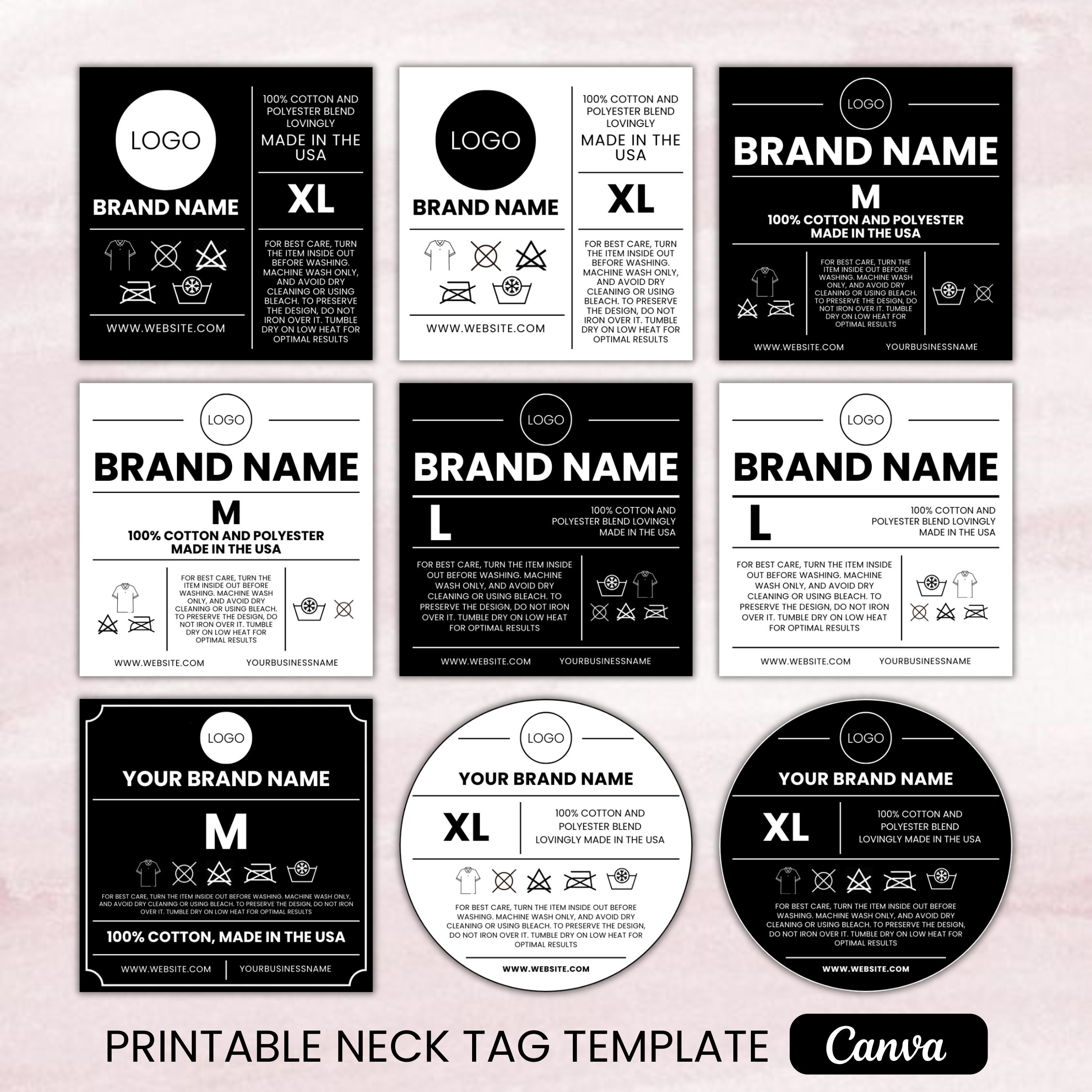 Editable Clothing Neck Tag Bundle, T-shirt Custom Neck Labels, Garment Care Tags, Clothing Tags, Washing Instruction Tags, Canva Template