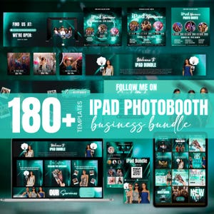 Op de afbeelding: Een promotieafbeelding voor een iPad photobooth business bundle. Het ontwerp heeft een turquoise en wit kleurenschema met verschillende sjablonen, voorbeeldfoto's en de tekst "180+ Templates" en "iPad Photobooth Business Bundle."