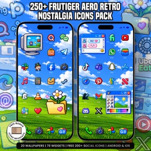 May include: Two smartphones displaying a digital interface with a blue sky and green grass background. The screens feature pixelated app icons, widgets including a computer monitor, a chat window, a folder with a flower, and a drawing program.