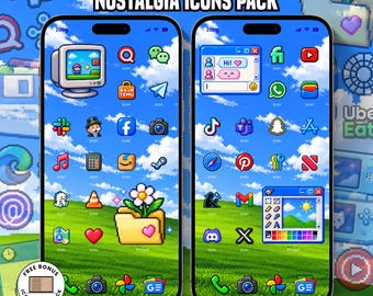 May include: Two smartphones displaying a digital interface with a blue sky and green grass background. The screens feature pixelated app icons, widgets including a computer monitor, a chat window, a folder with a flower, and a drawing program.