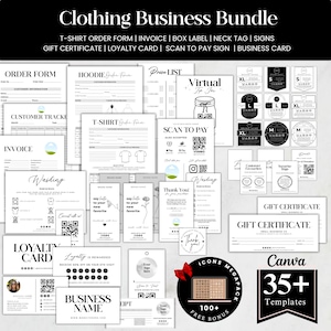 Editable Clothing Business Bundle, Neck Tag Template, Tshirt Order Form, Washing Instructions, Scan to Pay Sign, Invoice, Canva Template