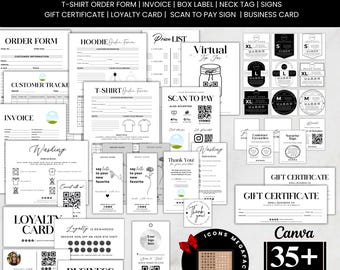 Paquete editable para negocios de ropa, plantilla de etiqueta para cuello, formulario de pedido de camisetas, instrucciones de lavado, letrero de pago escaneado, factura, plantilla de Canva