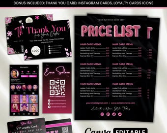 May include: A digital price list template set featuring a black and pink color scheme. Includes a price list document, thank you card, Instagram profile card, QR code card, and a VIP loyalty card. All items display text, icons, and placeholders.