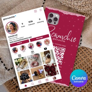 Puede incluir: Un perfil de Instagram y una funda de teléfono con la marca "scrunchie". El perfil muestra varios coleteros de diferentes colores y materiales. La funda del teléfono es burdeos con el nombre de la marca y un código QR.