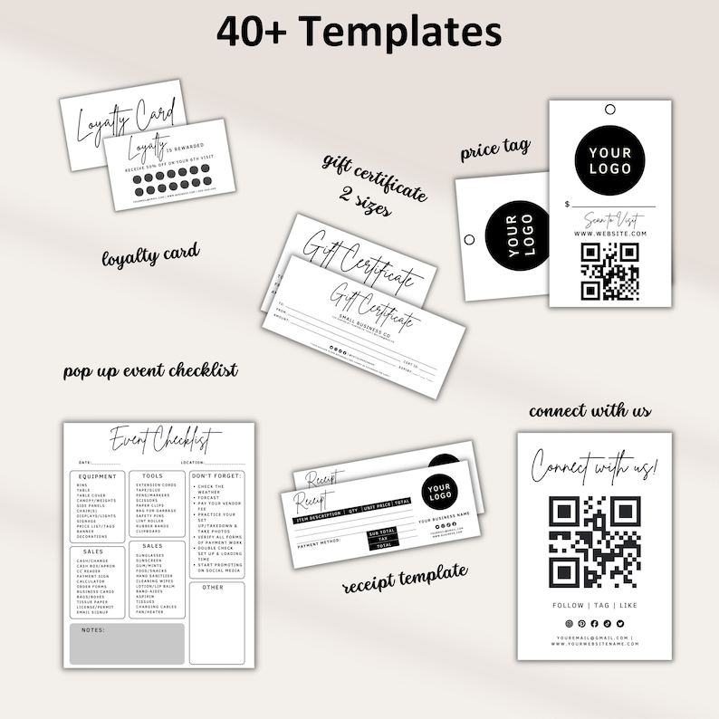 May include: A set of 40+ printable templates for small businesses. The templates include a loyalty card, gift certificate, price tag, receipt, pop-up event checklist, and connect with us card. All templates are black and white with a modern minimalist design.