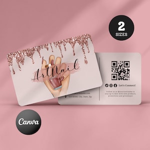 Modello di biglietto da visita per unghie, carte fedeltà per estetisti, biglietti da visita con marchio aziendale, biglietti da visita con applicazione adesiva per unghie, biglietti da visita digitali modificabili in CANV