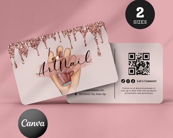 Sjabloon nagelvisitekaartje: roségouden glitter, bewerkbaar op canvas (digitaal)