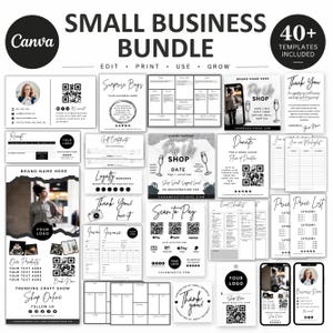 May include: A digital small business bundle featuring over 40 editable templates including business cards, thank you notes, invoices, gift certificates, price lists, and QR code signage with black and white text and graphic layouts.