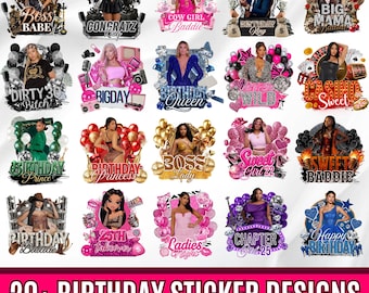 Bundel verjaardag ontwerpsjabloon, 20+ verjaardagssticker, stickers piepschuim beker, T-shirtontwerpen, bewerkbare roze cheetah, casino, roze ontwerp