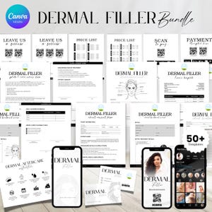 May include: A digital bundle of 50+ printable templates for a dermal filler business. The templates include client consent forms, treatment receipts, price lists, invoice templates, aftercare instructions, and social media graphics. The templates are designed in a minimalist style with black and white graphics.