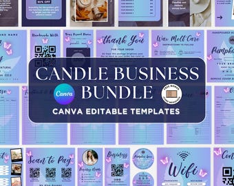 May include: A candle business bundle with Canva editable templates. The design features a purple and blue gradient background with various business templates, including price lists, thank you cards, and business cards. The text includes "Candle Business Bundle" and "Canva Editable Templates."