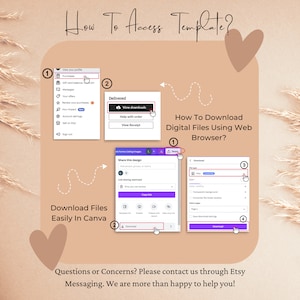 May include: A step-by-step guide on how to access and download digital files using Etsy and Canva. The guide includes screenshots of the Etsy and Canva websites, highlighting the key steps involved in downloading files.