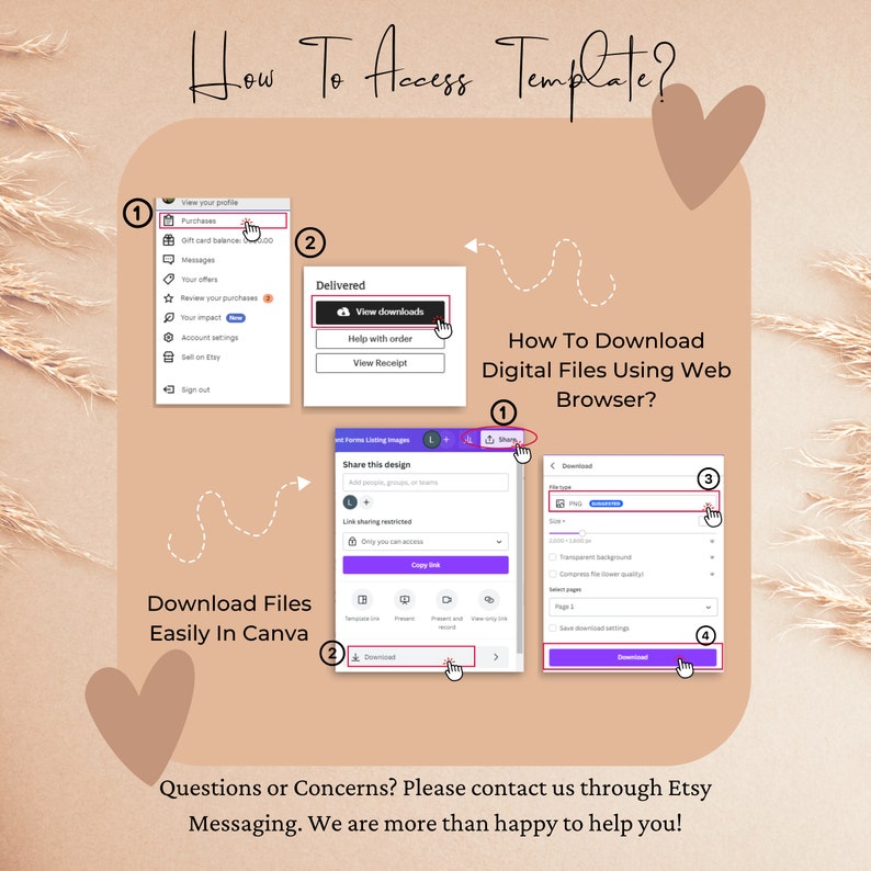 May include: A step-by-step guide on how to access and download digital files using Etsy and Canva. The guide includes screenshots of the Etsy and Canva websites, highlighting the key steps involved in downloading files.