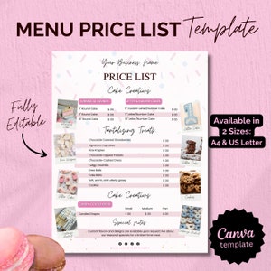 Bearbeitbare süße Leckereien Menü Preisliste, Kuchen Preisliste, Cupcakes Preisliste Menü, Süßigkeiten Desserts Preisliste, Menüvorlage, Canva Vorlage