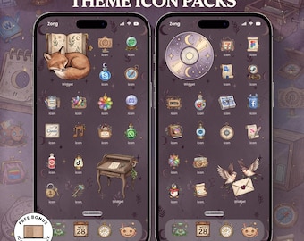 May include: Two smartphones displaying a dark purple interface with 250+ magical whimsy theme icon packs. The screens feature various illustrated app icons, widgets including a sleeping fox, a desk, and a celestial disc, plus date and search bars.