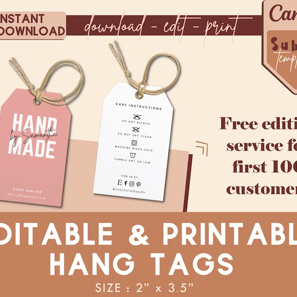 Editable Clothing Hang Tag Template, Clothing Labels, Custom Hang Tags, Product Tag, Modern Price Tag, Personalized Tags Printable