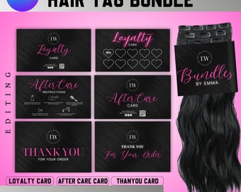 Plantillas de etiquetas para el cabello editables, plantillas de etiquetas para paquetes de cabello DIY, tarjetas de agradecimiento para el cabello, etiquetas colgantes, cuidado posterior, tarjetas de fidelización, plantillas de Canva