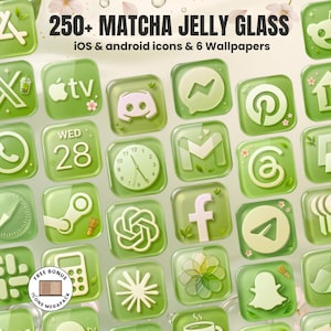 May include: A collection of 250+ Matcha Jelly Glass iOS and android icons and 6 wallpapers featuring a translucent green aesthetic. The square icons display various app symbols, including social media, calendar, and utility logos with floral accents.