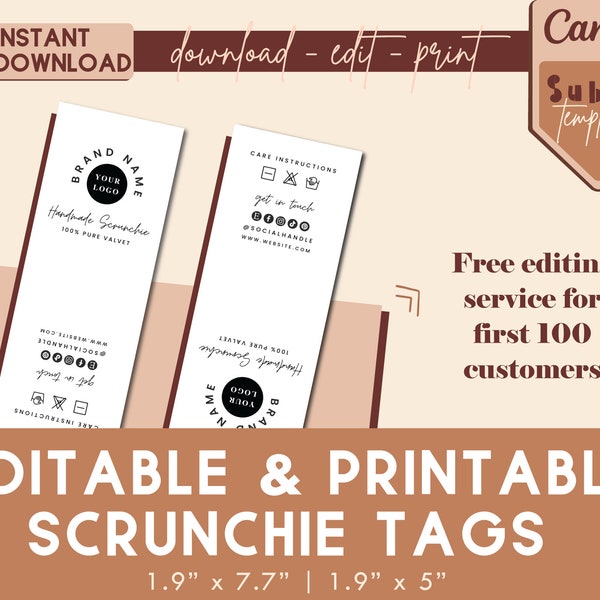 Druckbare Scrunchie Hang Tags, bearbeitbarer Scrunchie Tag, anpassbarer Tag für Scrunchie Business, Canva Template, Instant Download