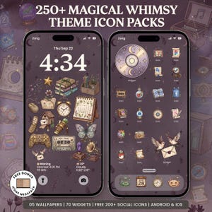 Könnte beinhalten: Zwei Smartphones zeigen eine digitale Benutzeroberfläche mit dunkelviolettem Hintergrund und zahlreichen kleinen, detaillierten Illustrationen von Büchern, Uhren, Schmetterlingen und Technik. Der Text lautet 250+ MAGICAL WHIMSY THEME ICON PACKS, 05 WALLPAPERS, 70 WIDGETS, FREE 200+ SOCIAL ICONS, ANDROID & IOS.