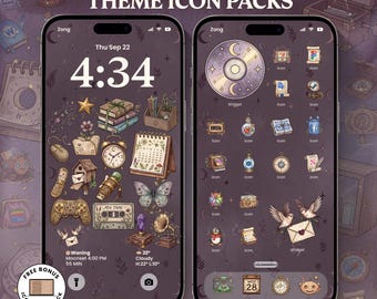 May include: Two smartphones displaying a digital interface with a dark purple background and numerous small, detailed illustrations of books, clocks, butterflies, and technology. The text reads 250+ MAGICAL WHIMSY THEME ICON PACKS, 05 WALLPAPERS, 70 WIDGETS, FREE 200+ SOCIAL ICONS, ANDROID & IOS.