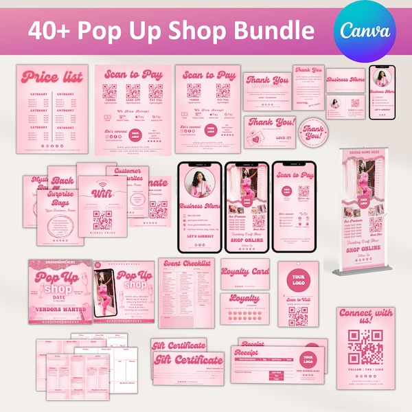 Small Business Bundle, Scan To Pay Template, Pink Retro Craft Fair Template, Order Form Template, Vendor Display, Pop up Shop Bundle