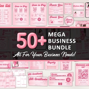 Retro Pink Business Bundle, Digital Download, Invoice, Price List, Business Card, Scan to Pay Template, Business Cards, Gift Certificate