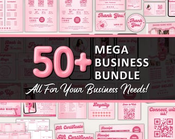 Retro Pink Business Bundle, Digital Download, Invoice, Price List, Business Card, Scan to Pay Template, Business Cards, Gift Certificate