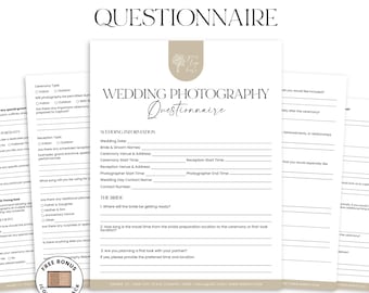 May include: A multi-page wedding photography questionnaire printed on white paper with beige accents. The document features sections for wedding information, bride and groom details, and ceremony logistics. A circular badge in the corner reads Free Bonus Icons Megapack.