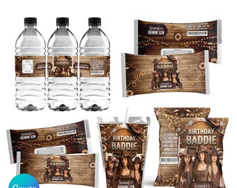 May include: A birthday party bundle featuring water bottles, candy wrappers, juice pouches, and chip bags. The items have a rustic wood background with the text "BIRTHDAY BADDIE" and "Jennifer GEMINI SZN".