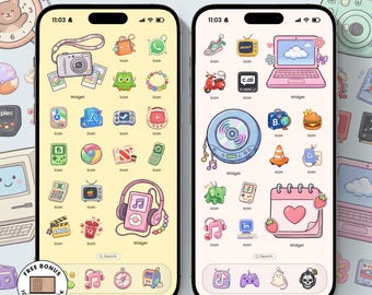 May include: A digital display showing a 250+ Trinkets Icons Pack for mobile devices. Two smartphone screens feature pastel-colored app icons and widgets, including cameras, music players, laptops, and calendars, set against light yellow and cream backgrounds.