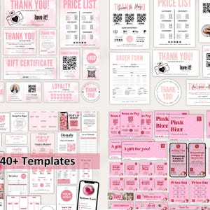 May include: A collection of over 40 pink templates for small businesses. Includes thank you cards, price lists, order forms, gift certificates, loyalty cards, and promotional materials. Features a variety of designs with the text "Thank You!" and "love it!"