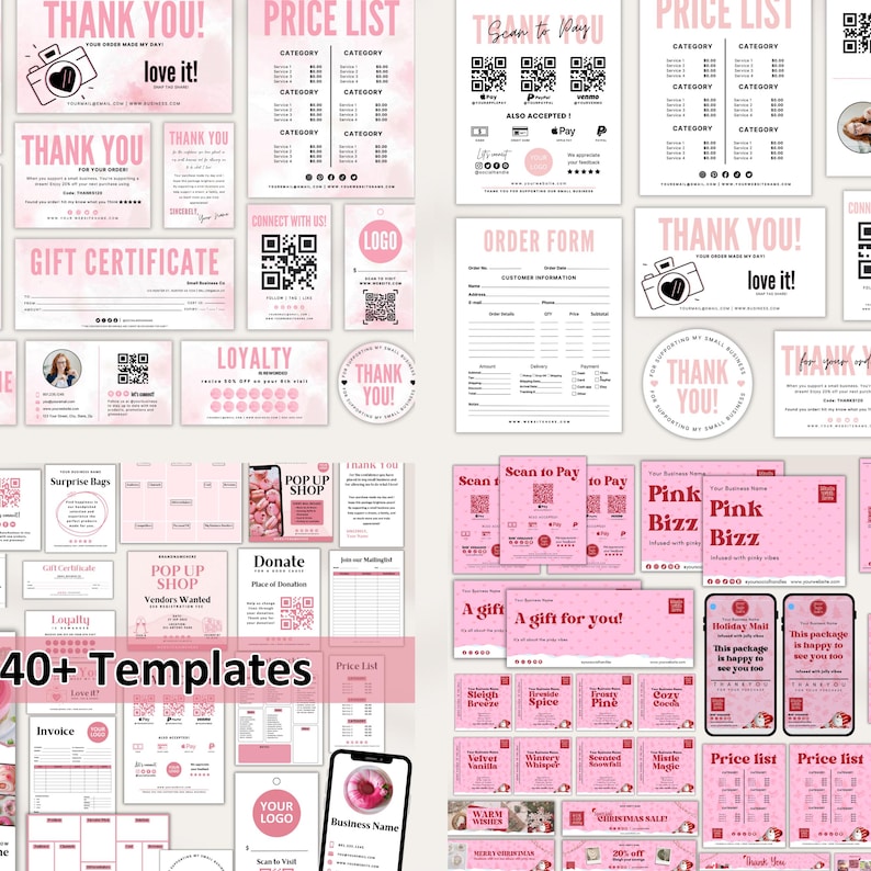 May include: A collection of over 40 pink templates for small businesses. Includes thank you cards, price lists, order forms, gift certificates, loyalty cards, and promotional materials. Features a variety of designs with the text "Thank You!" and "love it!"