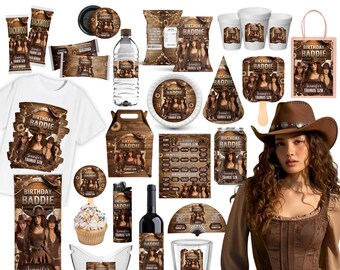 Birthday Party Favor Templates, Canva Birthday Party Bundle, Shot Glass, Tshirt, Chip Bag, Party Cup, Water Bottle, Baddie Birthday Bundle