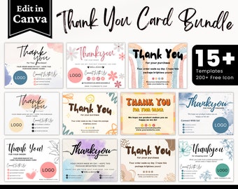Puede incluir: Un conjunto de más de 15 plantillas de tarjetas de agradecimiento coloridas para pequeñas empresas. Las tarjetas presentan varios diseños con flores, formas abstractas y fondos de acuarela. El texto "Gracias" aparece en cada tarjeta. Las tarjetas son editables en Canva e incluyen más de 200 iconos gratuitos.