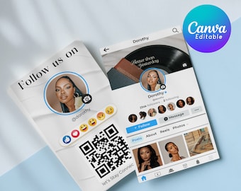 Modelo de cartão de visita do Facebook, cartão de visita do FB, cartão de visita digital Canva faça você mesmo, cartão de código QR, cartões de visita de mídia social