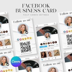 Modelo de cartão de visita do Facebook, cartão de visita editável para FB, cartão de visita com código QR para impressão, modelo de cartão de identificação do Facebook para Canva, download instantâneo.