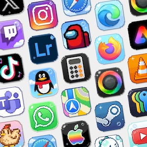 May include: A collection of various square app icons rendered in a pixel art style. The icons feature recognizable symbols for social media, web browsers, productivity tools, and entertainment software, each displayed with distinct colors and pixelated details.
