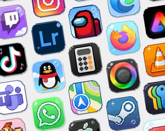 May include: A collection of various square app icons rendered in a pixel art style. The icons feature recognizable symbols for social media, web browsers, productivity tools, and entertainment software, each displayed with distinct colors and pixelated details.