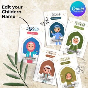 Puede incluir: Cinco tarjetas imprimibles con una ilustraci&oacute;n de dibujos animados de un ni&ntilde;o en un dise&ntilde;o festivo de Eid Mubarak. Cada tarjeta tiene un ni&ntilde;o diferente y un nombre diferente: Noor, Abdul Rehman, Ali, Kainat y Aliza.