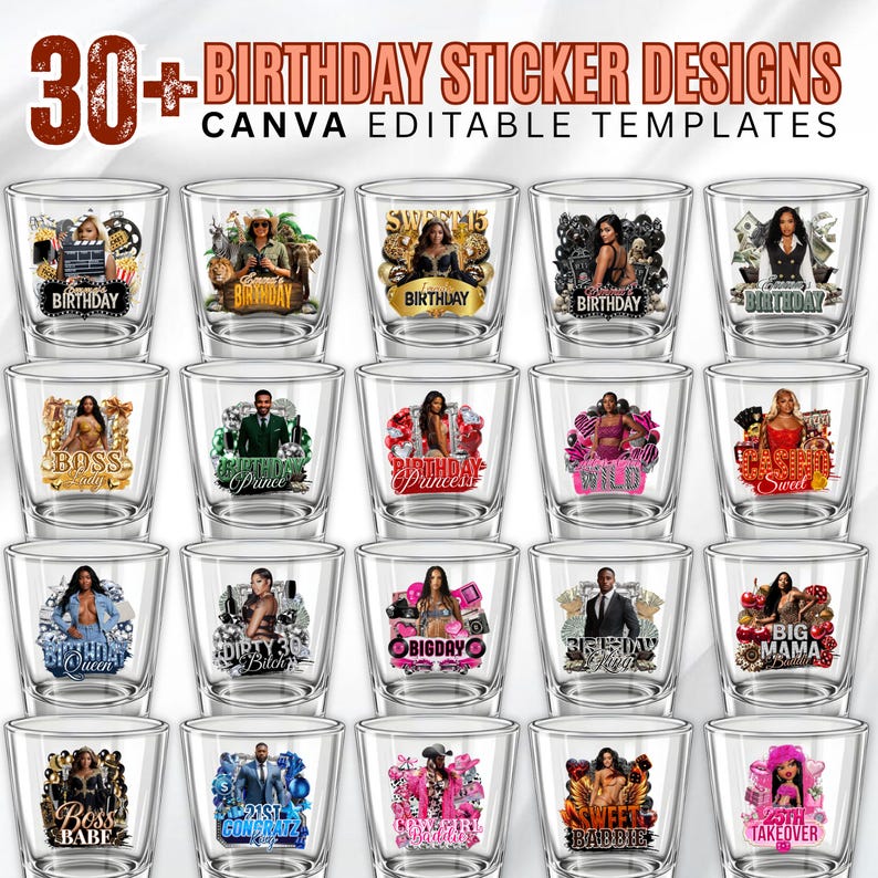 Bundel verjaardag ontwerpsjabloon, 30+ verjaardagssticker, stickers piepschuim beker, T-shirtontwerpen, bewerkbare roze cheetah, cowgirl, casino, Y2k-ontwerp afbeelding 12