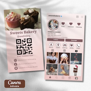 Cartão de visita para Instagram de padaria, cartão com código QR, cartão de visita para Instagram, cartão de visita para confeitaria, cartões para Instagram, modelo para Canva