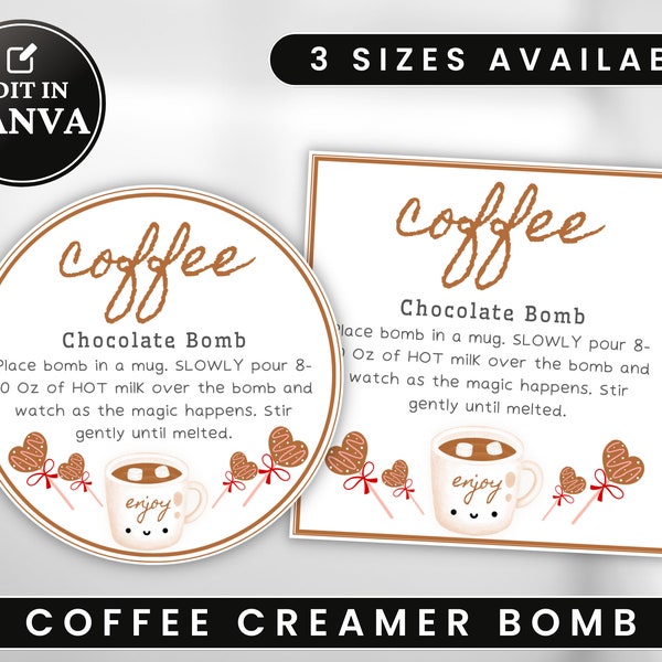 Bearbeitbarer Kaffee und Milchkännchen Bomb Tag, Kaffee Milchkännchen Etikett, Heißer Kakao und Heiße Schokolade Bombe Runde Anweisung Label, Instant Download